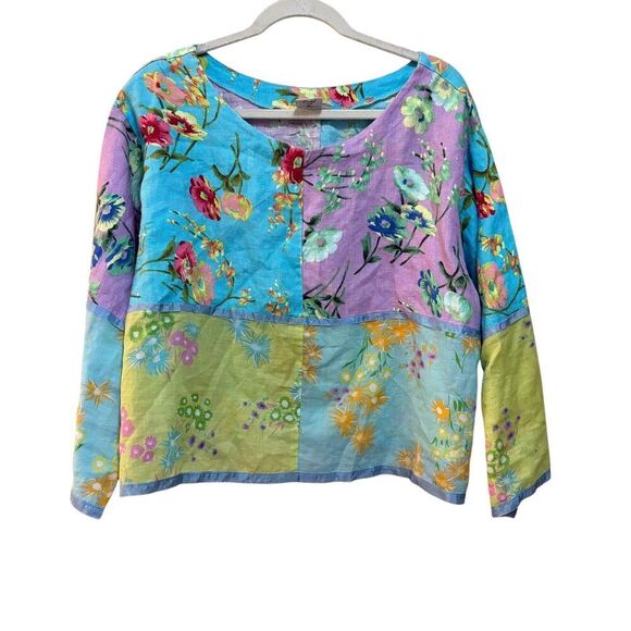 Christine Damen Blouse Womens XL Patchwork Floral Linen Boho Artsy Top - Picture 1 of 5